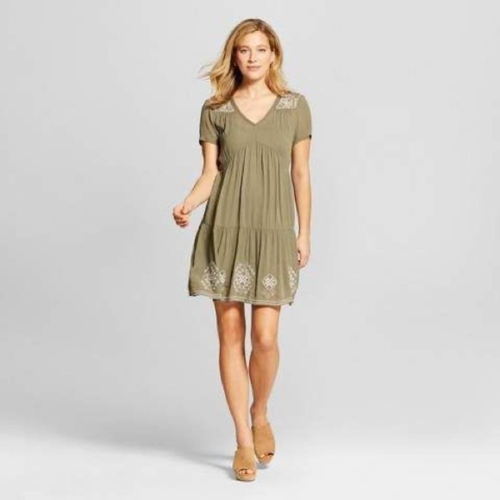 Knox Rose Embroidered Gauze Olive Green Dress Size XL Tiered Loose Flowy Boho